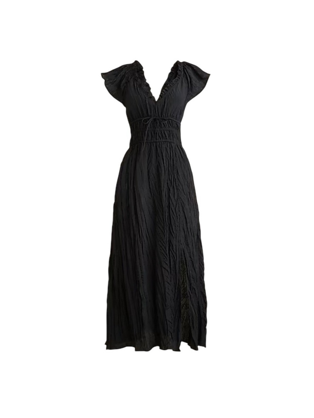 J.Crew Palermo Crinkled Smocked Maxi Dress Black Ruffle V-Neck Size L